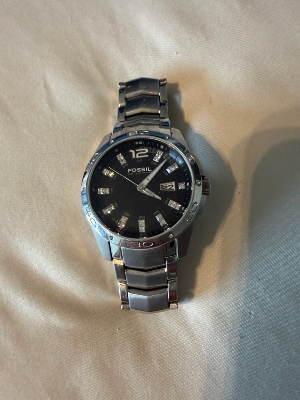Fossil Silver Stainless Steel Watch with Black Dial- needs new battery.